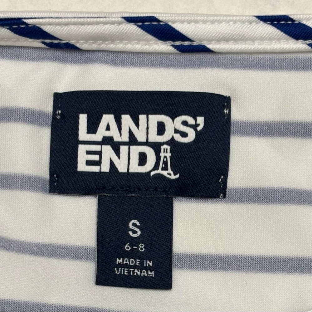 Lands’ End Elbow Sleeve Tie Waist Sheath Dress White & Navy Blue Nautical Sz S - Picture 2 of 16